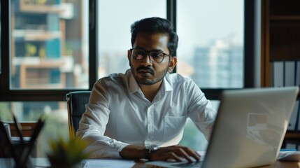 Obraz premium A person sits at a desk with a laptop open, likely working or studying