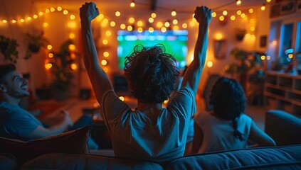A group of fans enjoying a soccer match on a couch, captivated by the television, football TV experiencing the fun and entertainment of the world favorite sport