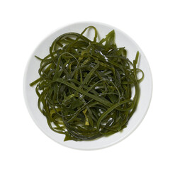 top view flat lay kelp seaweed laminaria strip isolated on white Background in bowl