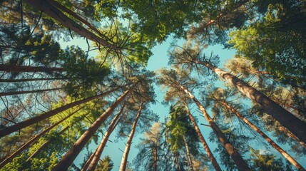 Fototapeta premium A view of tall pine trees from the ground looking up, their green needles creating a dense canopy against a clear blue sky.