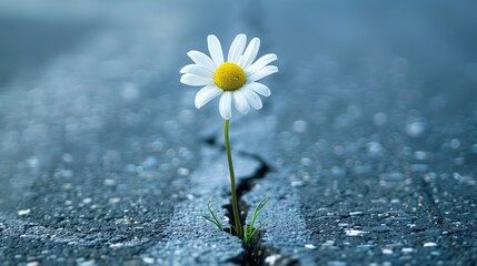 Daisy growing through a crack in the asphalt. Blooming chamomile flower on the grey road. Concept of life renewal