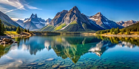 Naklejka premium Tranquil Slovenian Splendor: Majestic Alpine Landscape of the Julian Alps and Soca River, Framed by Lush Forests and Turquoise Waters, Under a Clear Sky Offering a Serene Journey into Nature's Pristin