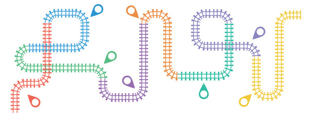 Railroad tracks infographic. Business template with 8 options or steps. Railway simple icon, rail track direction, train tracks colorful vector illustration on a white background. © YEVHENIIA