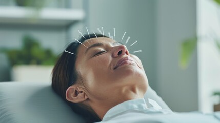 Fototapeta premium Woman receiving acupuncture treatment, relaxing with needles on her face in serene spa setting, promoting wellness and traditional therapy.