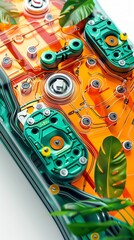 Fototapeta premium Futuristic digital machine with glowing circuits and gears.