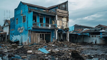 Abandoned Blue House Amidst Ruins in Overcast Weather