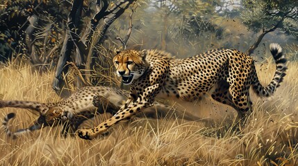 Naklejka premium A cheetah in swift pursuit of its prey, showcasing its unparalleled speed and agility in the African savannah.