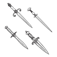 Vintage daggers set. Hand drawn sketch style medieval weapon collection. Best for tatoo and retro historical designs. Vector illustration isolated on white.