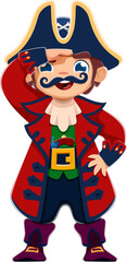 Cartoon boy kid pirate captain character. Isolated vector young sea rover decked in colorful freebooter costume with a traditional hat, playfully looking at distance. Children book or game, personage