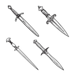 Vintage daggers set. Hand drawn sketch style medieval weapon collection. Best for tatoo and retro historical designs. Vector illustration isolated on white.