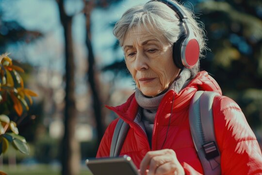 A woman is focused on her tablet while wearing headphones, possibly enjoying music or watching a video