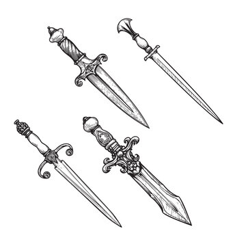 Vintage daggers set. Hand drawn sketch style medieval weapon collection. Best for tatoo and retro historical designs. Vector illustration isolated on white.