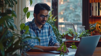 A person sitting in front of a laptop computer, likely working or browsing