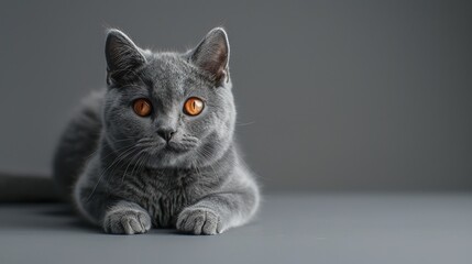 A seven-month-old British Blue female cat, with striking orange eyes, is isolated against a neutral grey background, highlighting her youthful beauty and distinct breed characteristics.