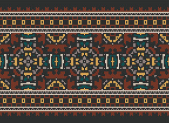 Pixel ethnic seamless pattern design. Aztec fabric mandala textile wallpaper. Tribal native motif boho ornament African American Indian folk