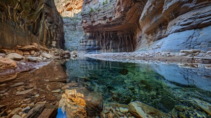 Crystal clear water reflects the towering canyon walls,creating a mesmerizing scene.