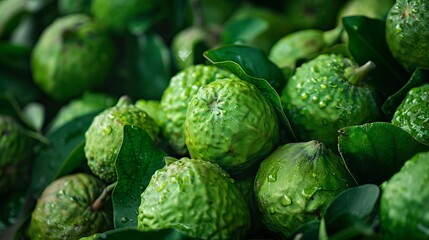 Fototapeta premium Green Annona fruits, known for their unique appearance and creamy texture, are often referred to as custard apples or cherimoyas.