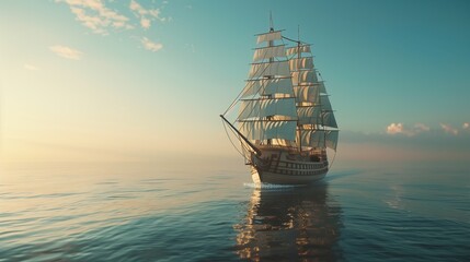 A super realistic image of a classic sailing yacht on a calm sea with a dramatic sunset, perfect lighting