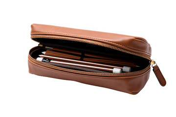 Opened brown pencil case PNG with transparent background, stationery organizer for school or office supplies, stylish and functional design