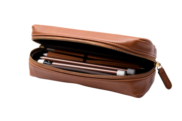 Opened brown pencil case PNG with transparent background, stationery organizer for school or office supplies, stylish and functional design