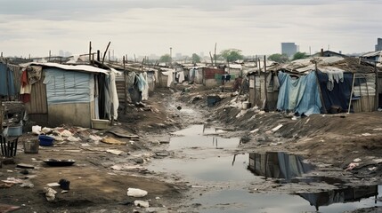Flooded street with dilapidated houses reflecting poverty and poor living conditions in a rural area after heavy rainfall.