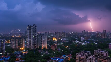 During the rainy season on July 15, 2016, a lightning storm with thunderbolts illuminated the residential towers in Thane City, Maharashtra, India (Bharat)