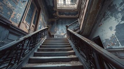 Obraz premium A low-angle view captures the grandeur of an old building's staircase, emphasizing its architectural details and empty space, evoking a sense of historical charm and elegance.