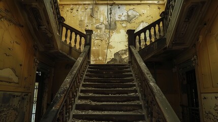 Fototapeta premium A low-angle view captures the grandeur of an old building's staircase, emphasizing its architectural details and empty space, evoking a sense of historical charm and elegance.