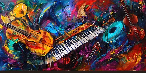 Vibrant Musical Composition with Instruments in Abstract Art