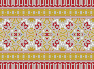 Pixel ethnic seamless pattern design. Aztec fabric mandala textile wallpaper. Tribal native motif boho ornament African American Indian folk