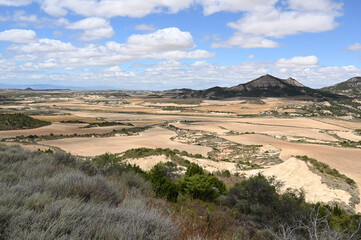 The beautiful, dry landscape of the Bardenas Reales Natural Park in Spain, Navarre with its erosions, sediments and geological features.