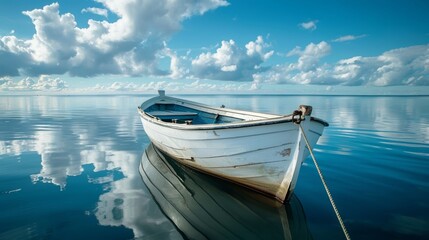 Obraz premium Solitary boat on a calm,blue sea,reflecting the clouds above. Peaceful and serene.