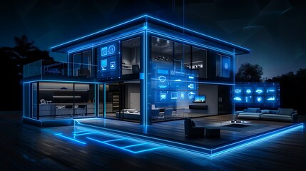 A smart home with various connected devices and appliances, showcasing the technology behind them in an illustration style. The house is depicted as being illuminated at night by LED lights on its
