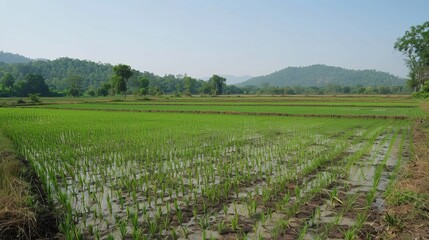 Obraz premium A picturesque paddy field in a village in Chhattisgarh, India, showcases lush green rice paddies stretching under the clear sky