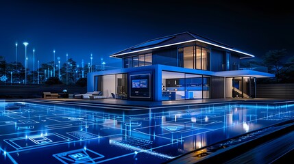 A modern smart home with various connected devices and AI gears, showcasing the advanced technology behind their protection in a hightech setting. The house is designed to look like it's from an