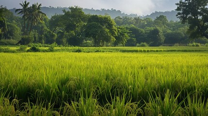 Obraz premium A picturesque paddy field in a village in Chhattisgarh, India, showcases lush green rice paddies stretching under the clear sky