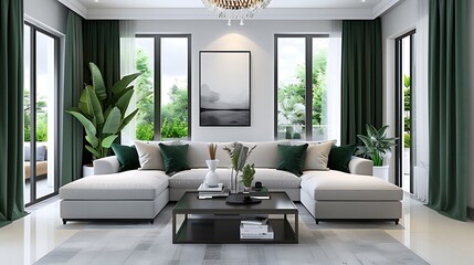 A luxurious living room with emerald green curtains, large windows showcasing the garden view, and an elegant sofa set against a white wall. The space is adorned with soft cushions in various shades