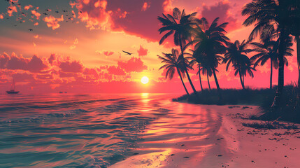 Obraz premium A sunset on a retro-themed tropical island, palm trees bathed in the warm glow of the setting sun.