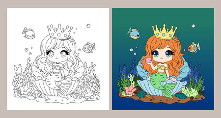 learn to color a mermaid sitting on a seashell, coloring book, coloring pages for children.