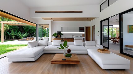 A bright and airy living room with large windows, showcasing the minimalist design of modern furniture in light tones like a white sofa and wood accents. The open kitchen is visible through glass