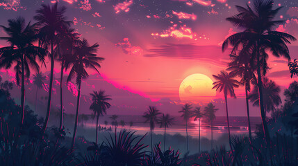 Obraz premium A sunset on a retro-themed tropical island, palm trees bathed in the warm glow of the setting sun.