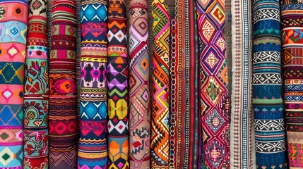 Line patterns in traditional textiles feature geometric shapes, intricate motifs, and symbolic elements.