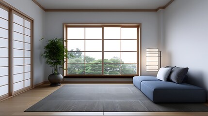 A living room with an empty grey carpet on the floor, in a Japanese interior design style, with a bamboo plant in a pot, a large window, sliding doors and a lamp. A blue sofa is placed next. The