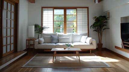 A cozy living room in an old Japanese house, with wooden floors and traditional tatami mats under the sofa. The sunlight filters through the window, casting warm hues on the furniture and plants. A