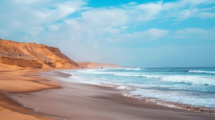 Fototapeta premium The rugged landscape of Aftas Beach in the tranquil coastal town of Mirleft, Morocco, is a renowned landmark beloved by surfers, locals, and tourists alike. 