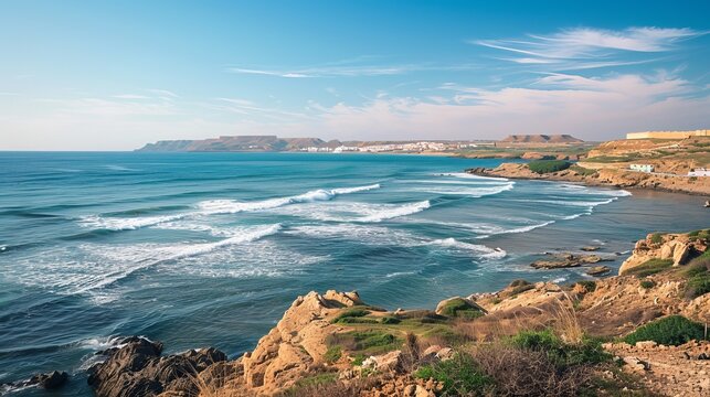 The rugged landscape of Aftas Beach in the tranquil coastal town of Mirleft, Morocco, is a renowned landmark beloved by surfers, locals, and tourists alike. 