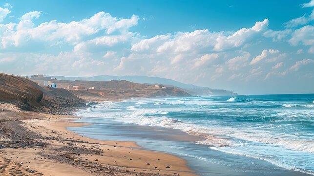 The rugged landscape of Aftas Beach in the tranquil coastal town of Mirleft, Morocco, is a renowned landmark beloved by surfers, locals, and tourists alike. 