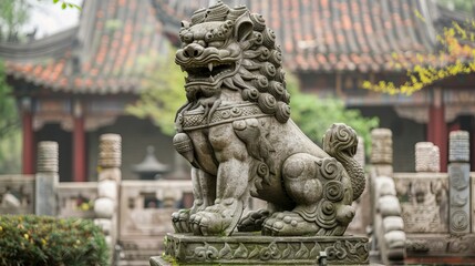 Fototapeta premium In China, a stone statue featuring a lion and dragon symbolizes traditional cultural motifs and craftsmanship.
