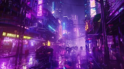 A super realistic image of a futuristic city at night with neon lights and bustling streets