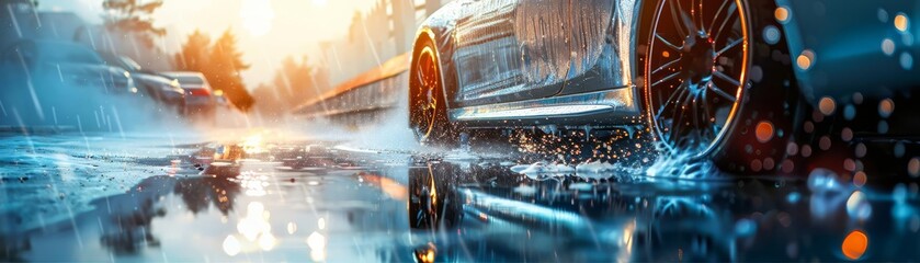 Sparkling Car Wash Background with Shiny Vehicles, Foam, Water Droplets, and Copy Space